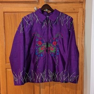NWT Blutique Women size 1X XL Purple Pure Silk Butterfly Jacket embroidered hand